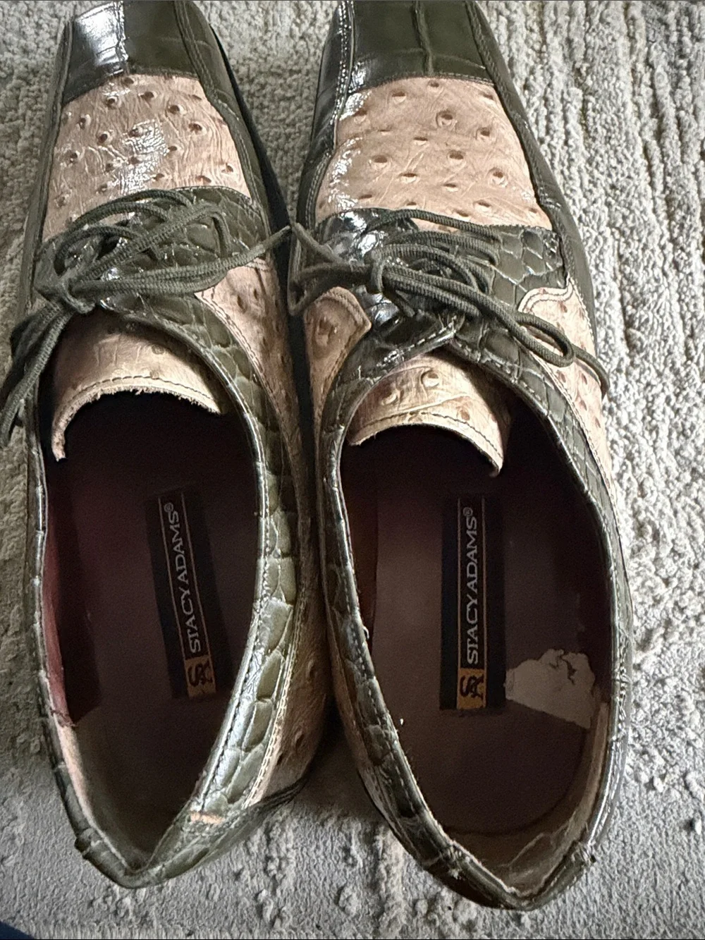 Stacy Adams Exotic Ostrich Croc Embossed Dress Oxfords Shoe Green Beige 10.5